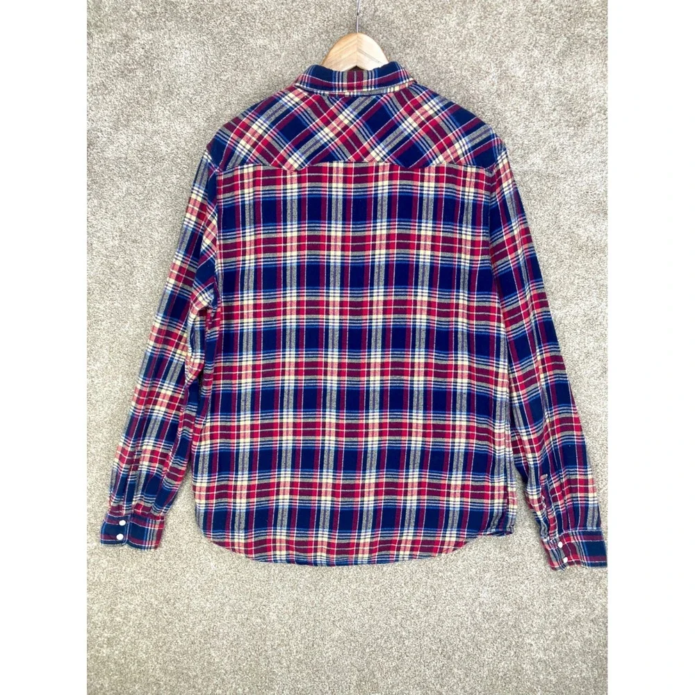 Levis Plaid Flannel Western Snap Button Shirt Mens XL Red Blue Modern Fit Cowboy